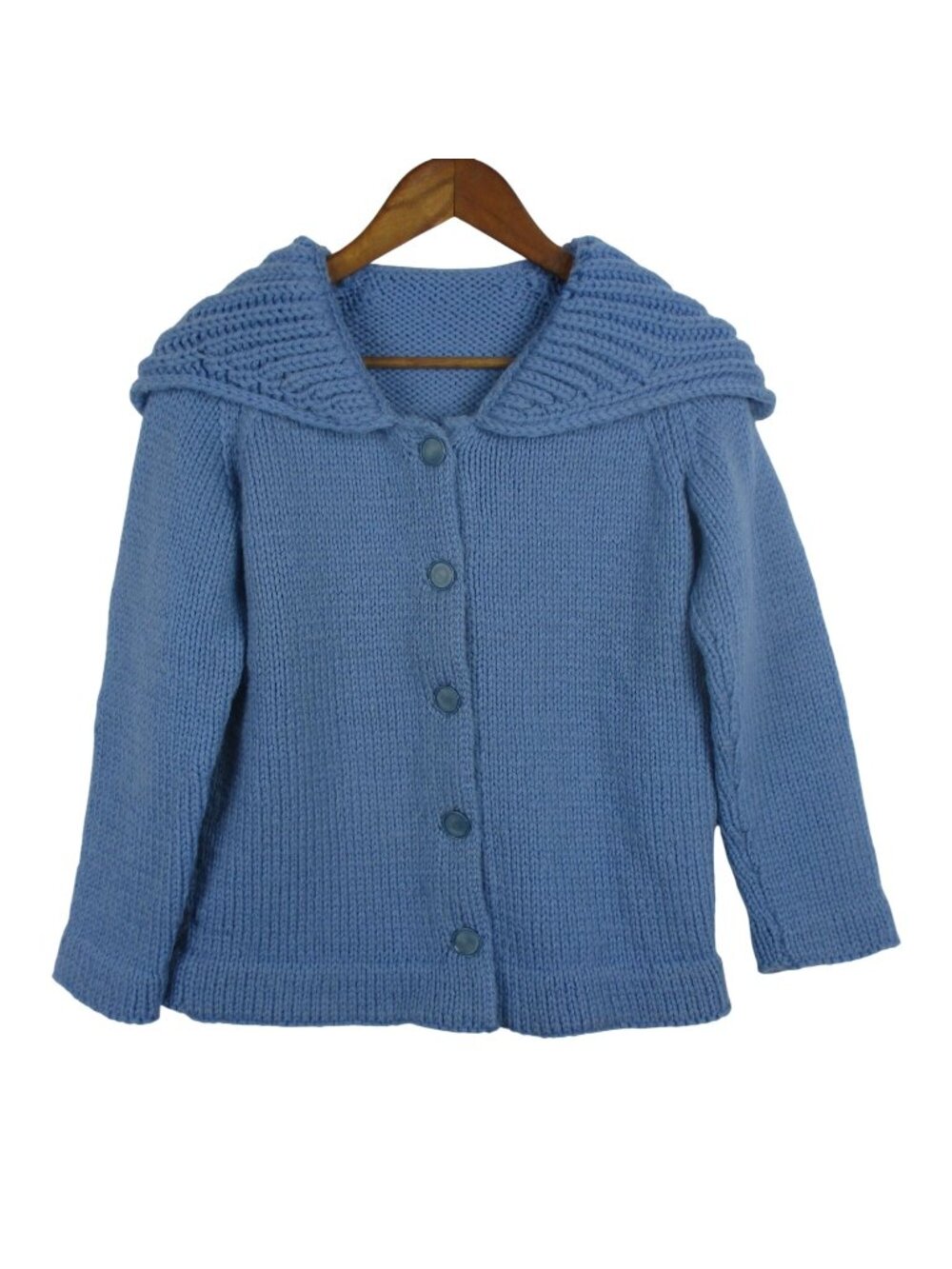 Hand-Knit Handmade Blue Button-Up Sweater Shawl Collar Women’s Size S Classic